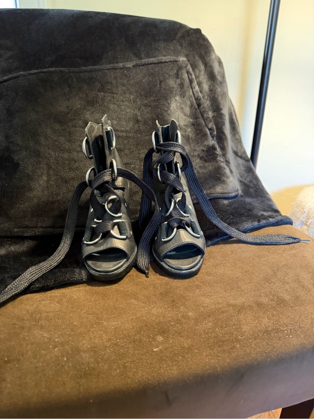 Sorel Black Lace-Up Open-Toe Sandals with Metal Ring Accents